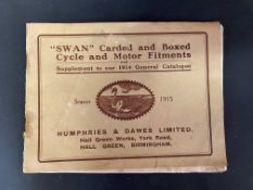 A brochure for 'Swan' carded and boxed cycle and motor fitments, season 1915, by Humphries & Dawes