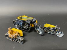 A Zebra Toys die-cast model of an AA motorcycle combination, plus two smaller, one by Dinky Toys.