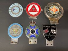 A selection of car badges including Motor Cycle Unity Light Car Club, Brands Hatch Motor Club etc.