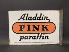 An Aladdin Pink Paraffin double sided enamel sign with hanging flange, excellent condition, 21 x