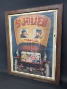 A St. Julien tobacco pictorial advertisement depicting two gentlemen sat in the back of a veteran