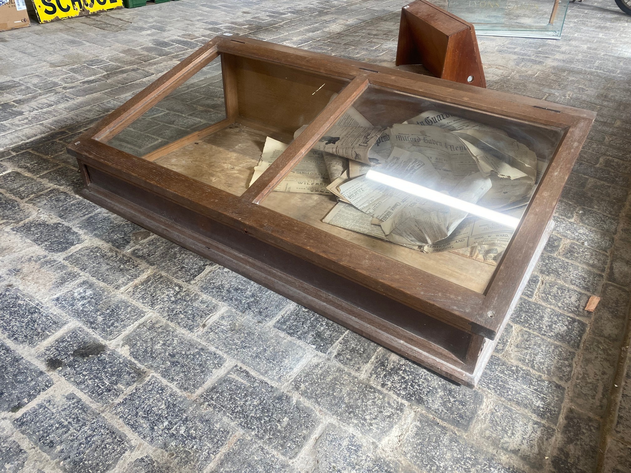 A large Edwardian oak counter top sloping fronted display cabinet with lift up glass top, 49" w x 13