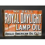 A Royal Daylight Americacn Lamp Oil double sided enamel sign with hanging flange, 21 x 14 1/2".