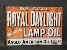 A Royal Daylight Americacn Lamp Oil double sided enamel sign with hanging flange, 21 x 14 1/2".