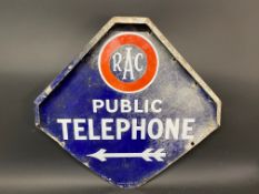 An RAC Public Telephone lozenge shaped double sided enamel sign by Franco 25 3/4 x 26 1/2".