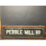 An early bus/tram wooden cased destination reel, with Pebble Mill Rd on show, 38" w x 11" h x 3" d.