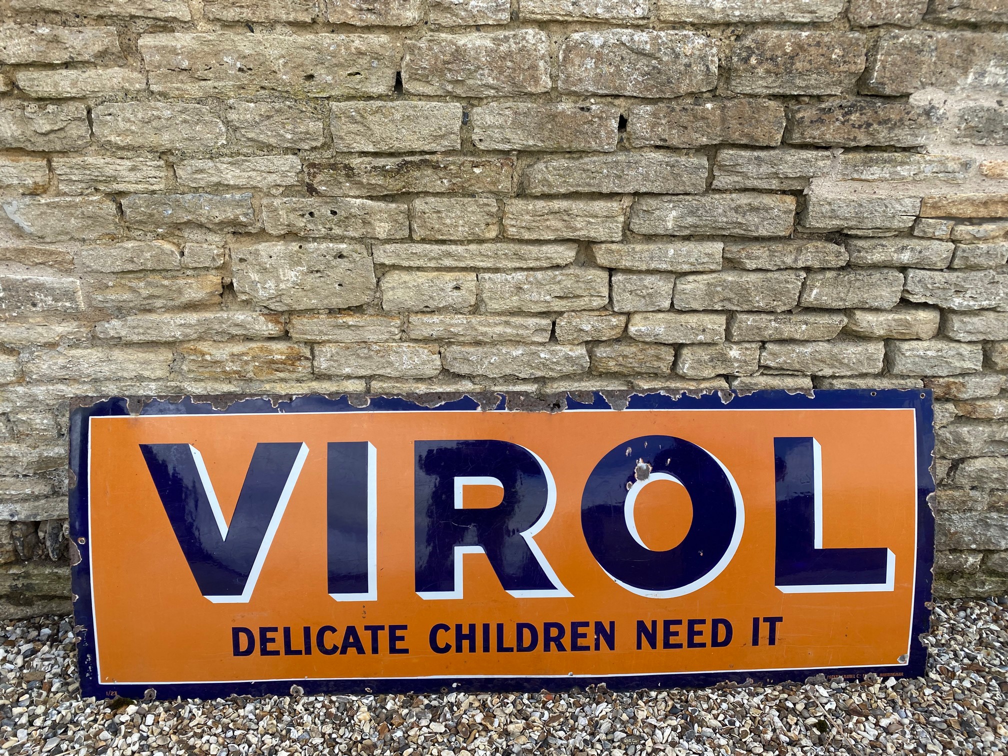 A Virol 'Delicate Children Need It' enamel sign, 78 x 28"
