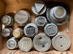 A tray of mostly American aluminium hubcaps including Whippet, Chandler, Kissel Kar etc.