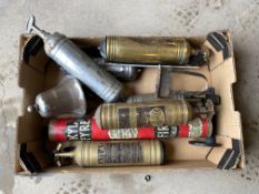 A box of fire extinguishers, fire engine bell etc.