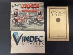 A James Bicycle & Tricycle Carriers sales brochure, a Vindec Bicycles brochure for 1935 and