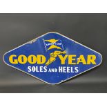 A Good Year Soles and Heels lozenge shaped double sided enamel sign, 36 x 19".