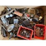 A box of assorted chrome fittings, and small pre-war parts.