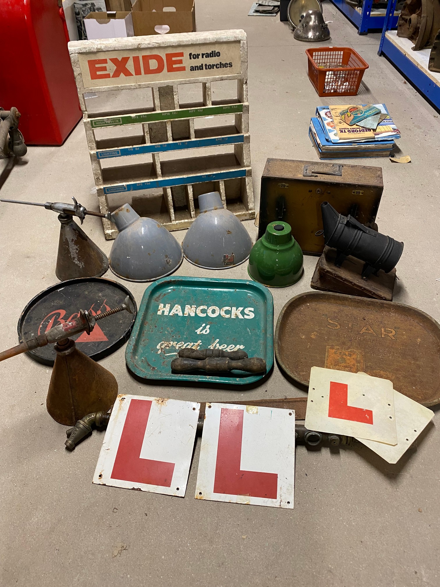 A quantity of mixed collectables including enamel shades, a bee keeping smoker, Redex dispensers