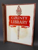 A County Library double sided enamel sign with hanging flange, 13 x 18".