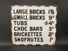 An enamel sign listing various ice cream products and their prices, for fixing to a delivery