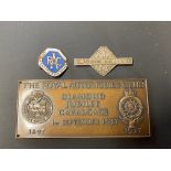 An RAC Blackpool Rally 1938 lapel badge, an RAC Diamond Jubilee Cavalcade 1957 plaque and an RAC