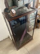 A stained pine rear opening counter top display cabinet, 20 3/4" w x 33" h x 12 1/2" d.