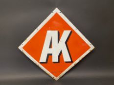 An unusual lozenge shaped enamel sign bearing the letters AK, by Patent, 25 1/4 x 25".