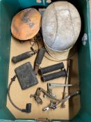A box of motorcycle parts and accessories including an Everoak helmet, levers etc.