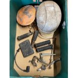 A box of motorcycle parts and accessories including an Everoak helmet, levers etc.