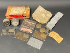 A small box of Morris related instruments, Morris identification plates etc.