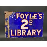 A Foyle's 2D Library double sided enamel sign with flattened hanging flange, 22 x 15".