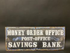 An early enamel sign advertising Money Order Office Post Office Savings Bank, 25 x 10".
