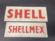 A Shell glass petrol pump brand insert 12 1/2 x 5" plus one smaller for Shellmex.