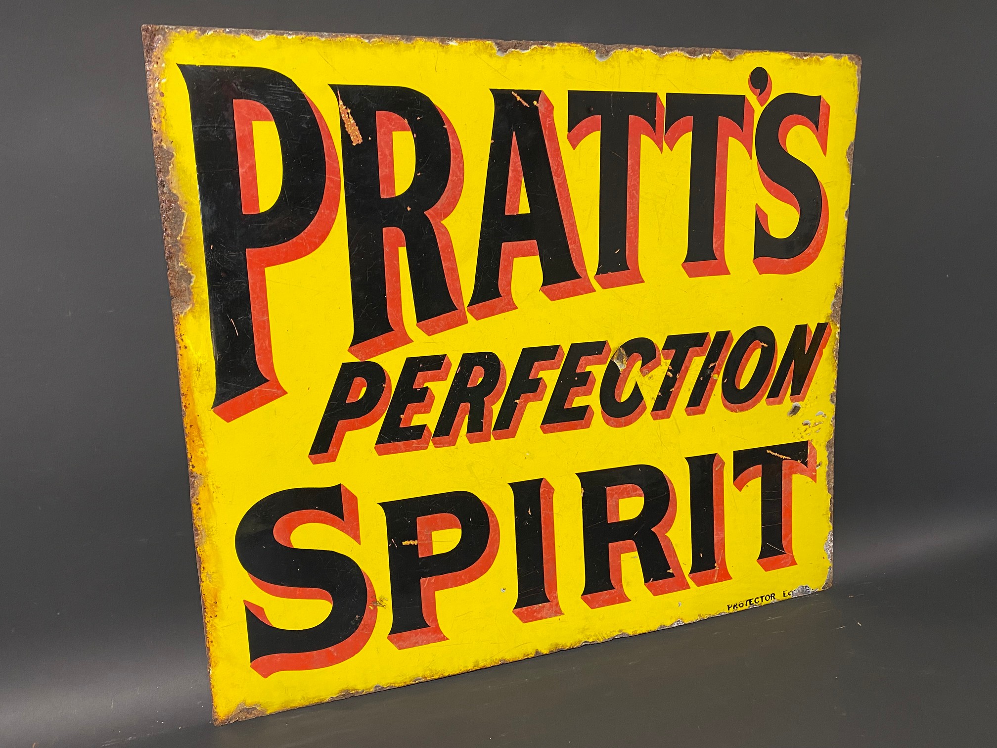 A Pratt's Perfection Spirit double sided enamel sign by Protector, lacking hanging flange, 21 x