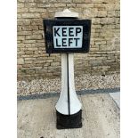 A Gowshall road bollard with Keep Left glass insert and two Cross Here perspex panels, 56" h.