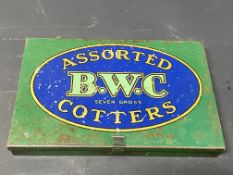 A B.W.C. Assorted Cotters rectangular tin, with bright advertising to the lid, filled with split