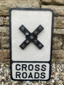 A cast iron road sign for Cross Road with bulbous glass inserts, 11 3/4 x 20 1/2".