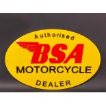 A BSA Authorised Motorcycle Dealer oval garage showroom perspex sign with raised lettering, 21 1/4 x