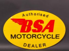 A BSA Authorised Motorcycle Dealer oval garage showroom perspex sign with raised lettering, 21 1/4 x