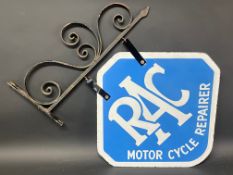 An RAC Motor Cycle Repairer lozenge shaped double sided enamel sign, on hanging bracket, 19 1/2 x 19