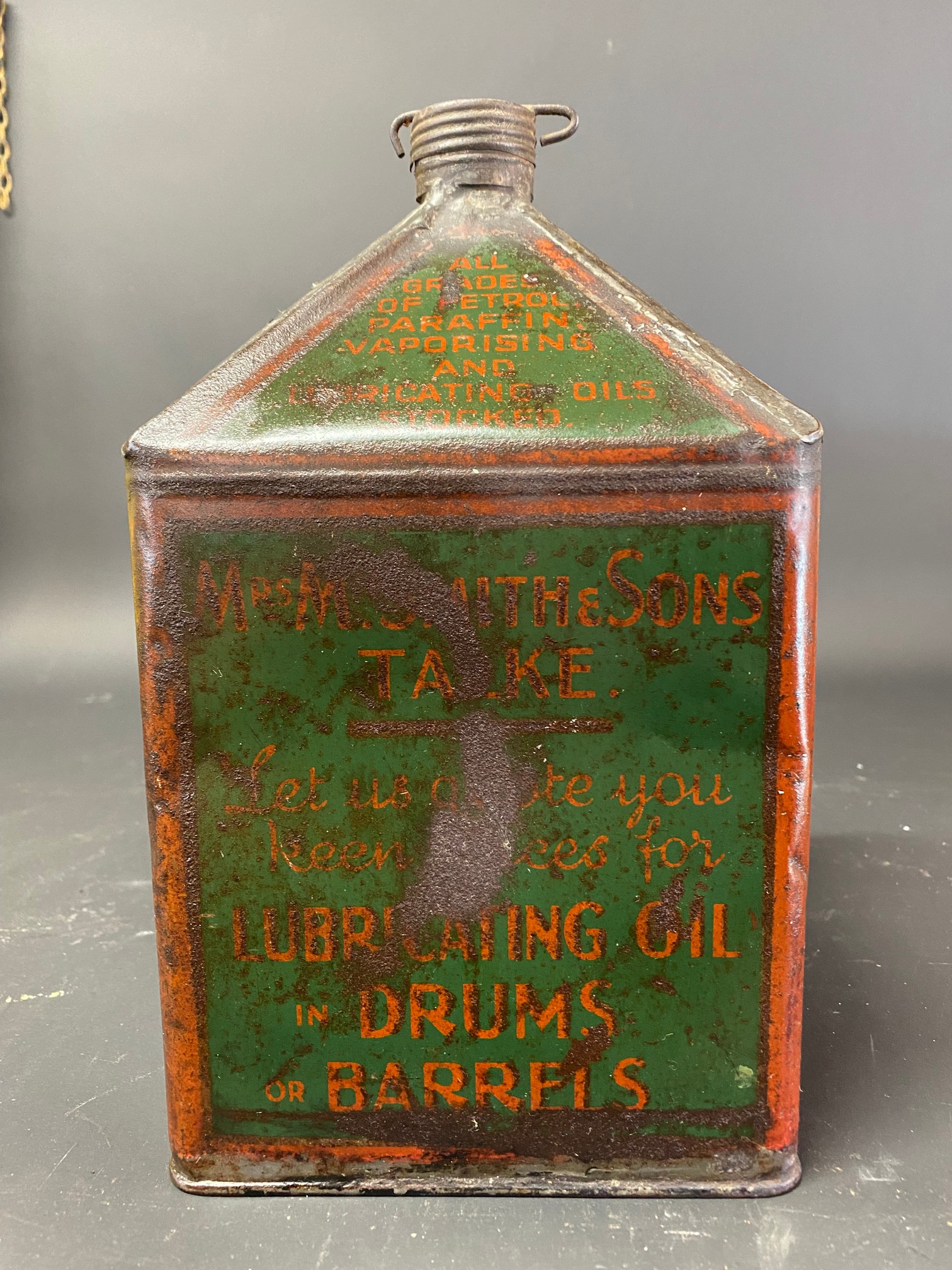 A Mrs M Smith & Sons of Talke Garage, Talke, Stoke on Trent Lubricating Oil gallon pyramid can. - Image 3 of 6