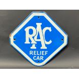 A small RAC Relief Car lozenge shaped enamel sign in good condition, 10 1/2 x 10 1/4".