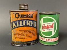 A small Chemico Kleervu oval can plus a Wakefield Castrol cylindrical can, unopened.