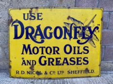 A large Dragonfly Motor Oils and Greases rectangular enamel sign by Hancock Corfield & Waller