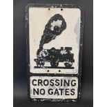 A reproduction Crossing No Gates road sign with maker's name for Branco, 12 1/4 x 21".