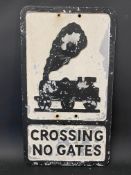 A reproduction Crossing No Gates road sign with maker's name for Branco, 12 1/4 x 21".