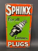 A Sphinx Plugs 'for all engines' pictorial enamel sign with good gloss, 9 x 16".
