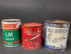 A Blue Ribbon 7lb grease tin, a Silkolene Lubricants grease tin and another for Castrol.