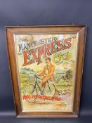 A rare Manchester Express Cycle pictorial advertising showcard in a wooden frame, 24 x 34".
