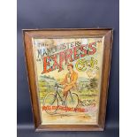 A rare Manchester Express Cycle pictorial advertising showcard in a wooden frame, 24 x 34".