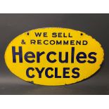 A rare Hercules Cycles oval double sided enamel sign, with excellent gloss to one side, 15 x 9".