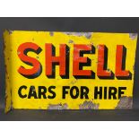 A Shell Cars For Hire double sided enamel sign with hanging flange, by Protector of Eccles, dated