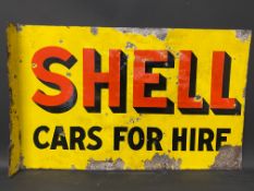 A Shell Cars For Hire double sided enamel sign with hanging flange, by Protector of Eccles, dated