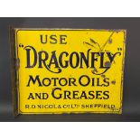 A Dragonfly Motor Oils and Greases double sided enamel sign with hanging flange, 17 1/2 x 14".
