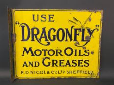 A Dragonfly Motor Oils and Greases double sided enamel sign with hanging flange, 17 1/2 x 14".